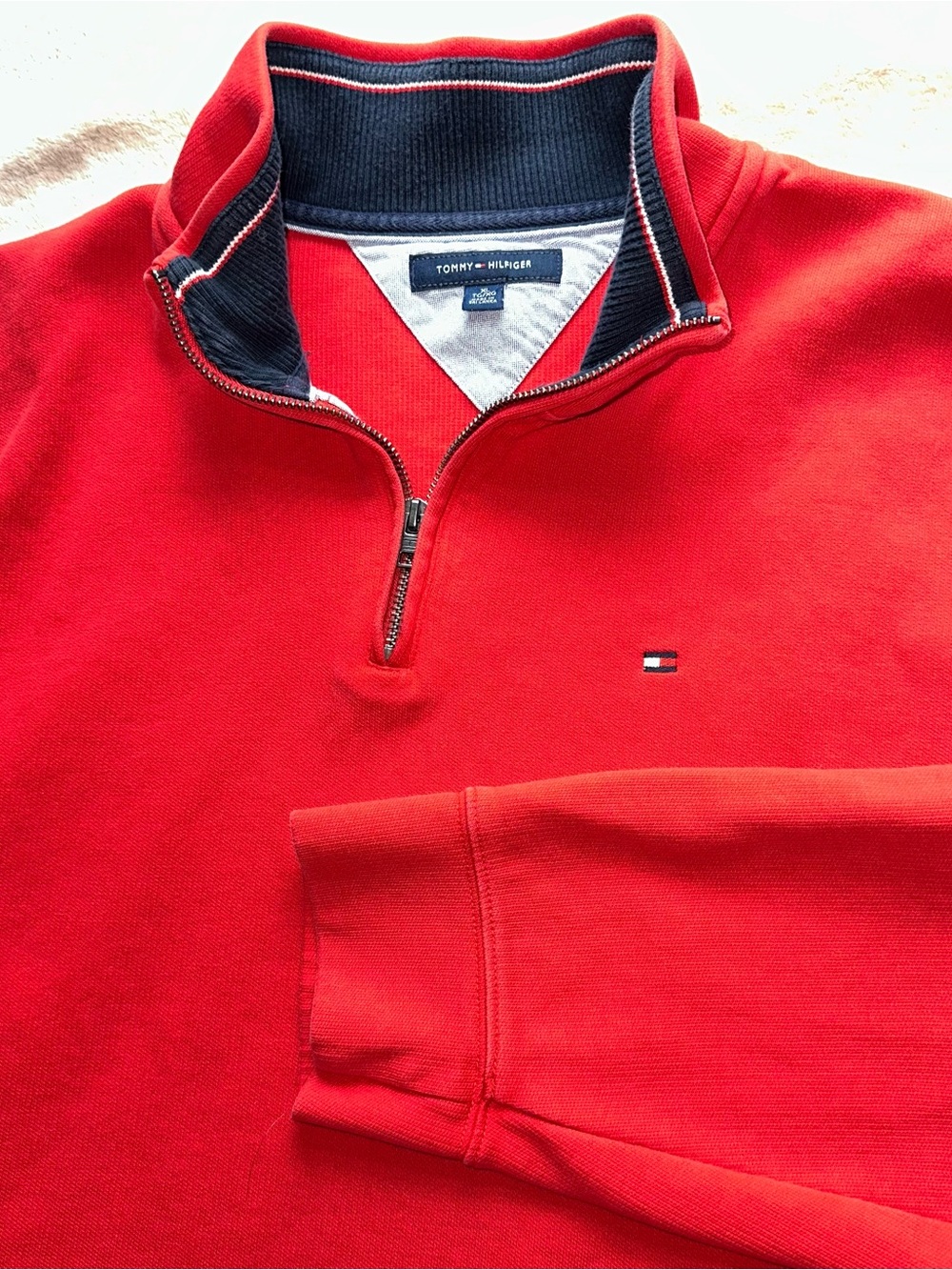 Tommy Hilfiger Men XL 1/4 Zip Pullover Sweater Red Cotton Ribbed Collar Mock